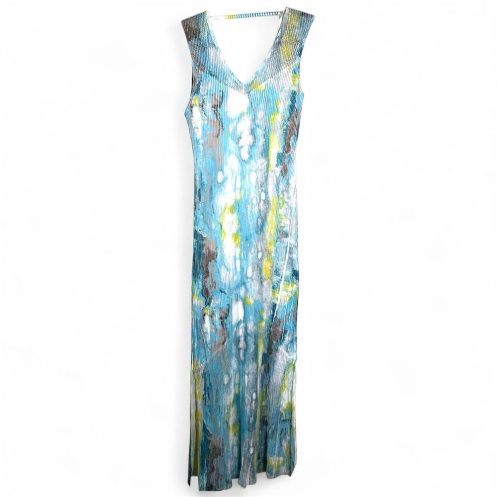 Komarov Maxi Dress Crinkle Mesh Blue Semi Sheer Watercolor Fairycore Girly Large